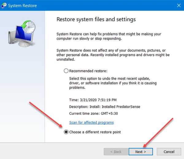 choose system restore point 