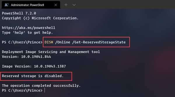 disable reserved storage to free up disk space