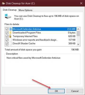 remove temp files using disk cleanup and recover space