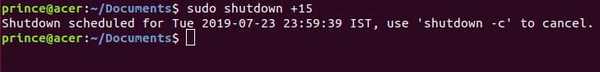 shutdown minutes command in linux