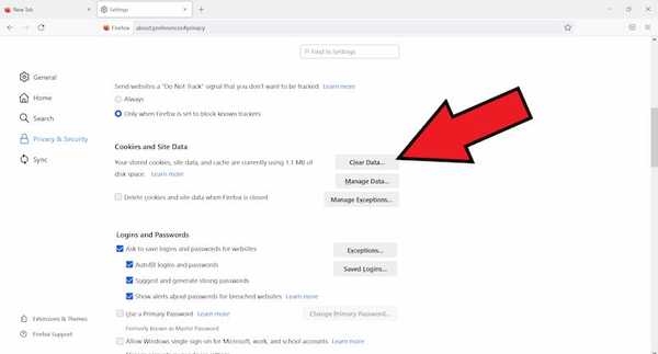 Firefox cookies and site data