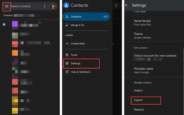Contacts export settings