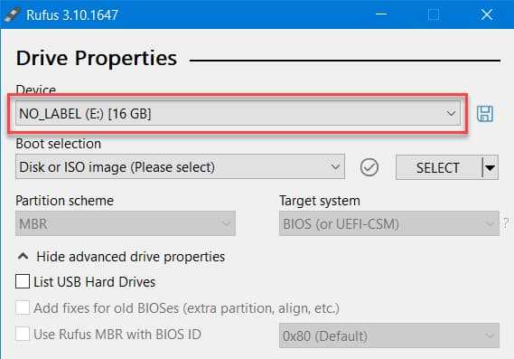 Select USB Drive Rufus