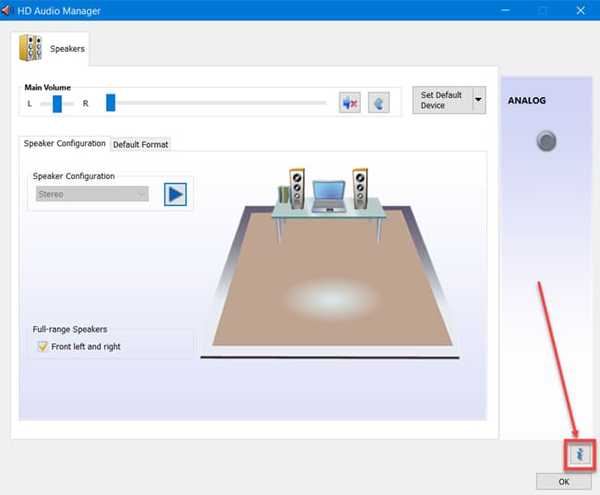 Realtek audio manager information icon