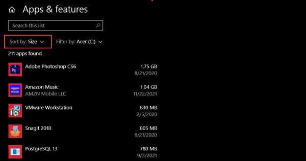 sort applications by size