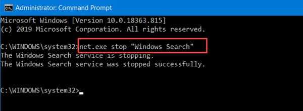 Disable Windows Search Service using CMD
