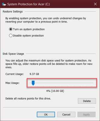 change disk space taken by system restore