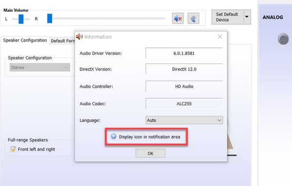 Show Realtek HD Audio Manager in Windows 10 Taskbar